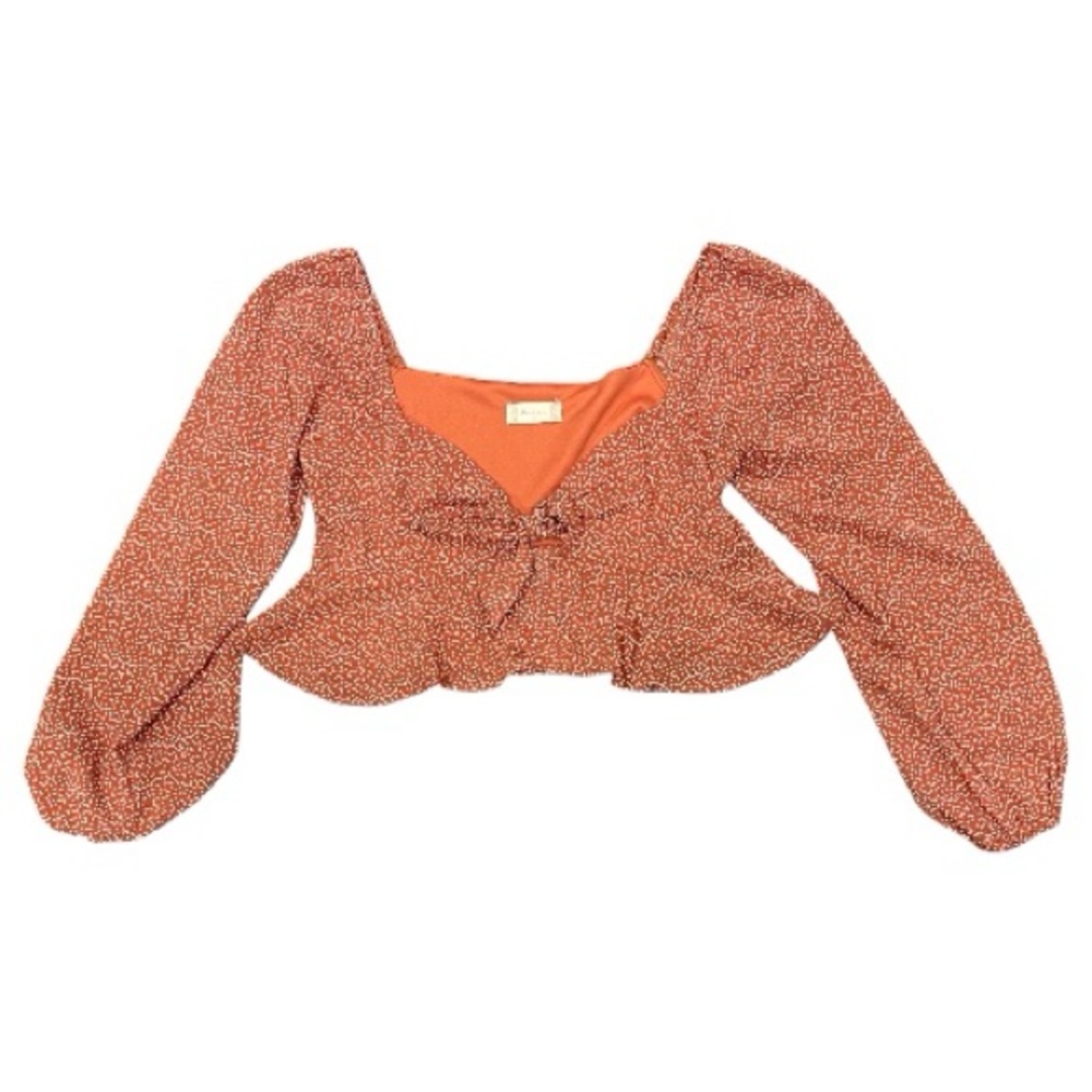 Altar’d State Rust Tie Front Cropped Blouse Small Boho Puff Sleeve